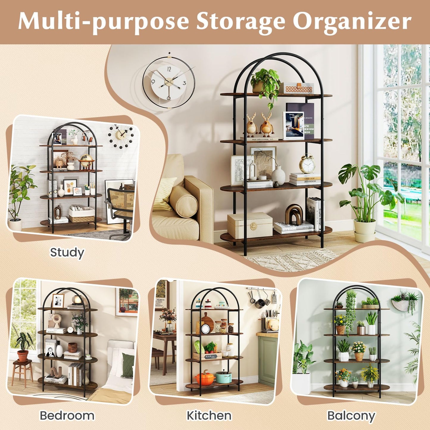 Tangkula 4 Tier Arched Bookshelf 61.5” Industrial Modern Freestanding Storage Rack (1 Pack/2 Pack)