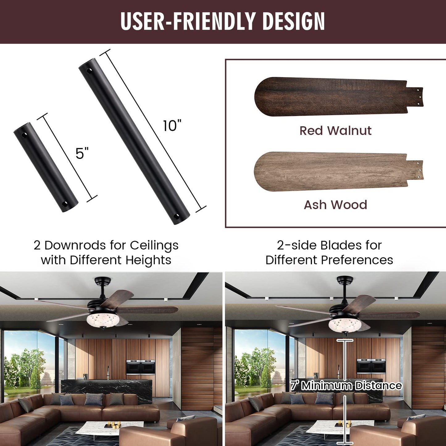 Tangkula 52 Inches Ceiling Fan with Remote Control, Indoor Ceiling Fan with 2 Downrods