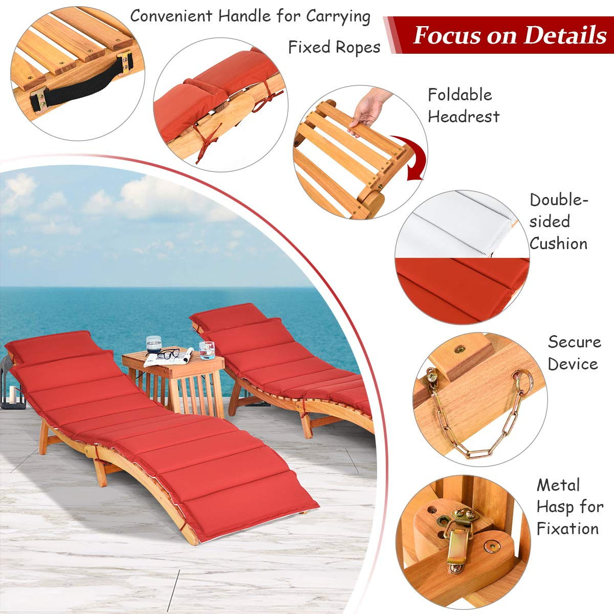 Tangkula 3 Pcs Folding Patio Solid Eucalyptus Wood Lounge Chair Set (Red & White)