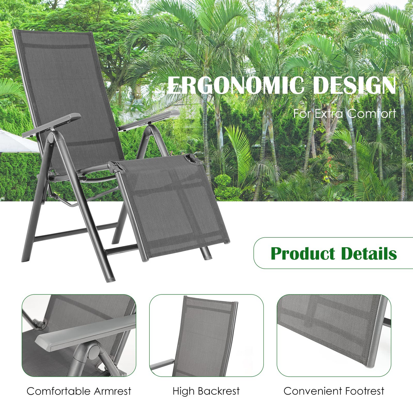 Chaise longue pliante d'extérieur Tangkula, fauteuil inclinable de patio avec 7 positions de dossier et de repose-pieds réglables