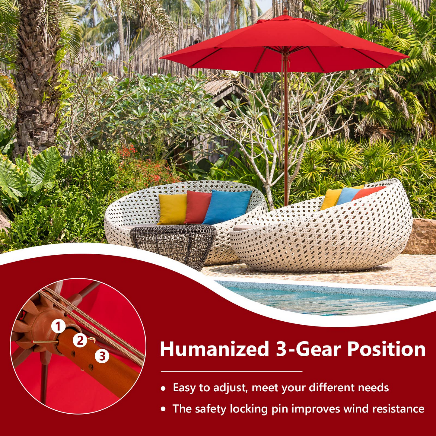TANGKULA 9.5 FT Pulley Lift Round Patio Umbrella, Wooden Market Umbrella