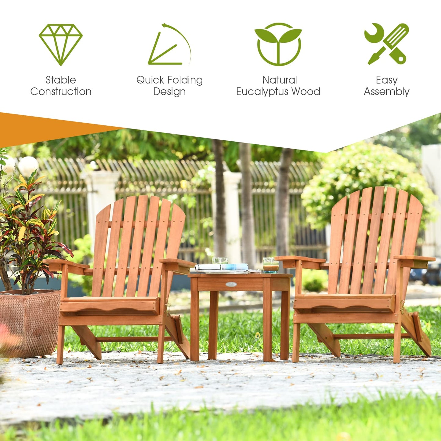 3 Pieces Adirondack Chair Set, Outdoor Wood Furniture Set with 2 Folding Lounge Chairs & Side Table