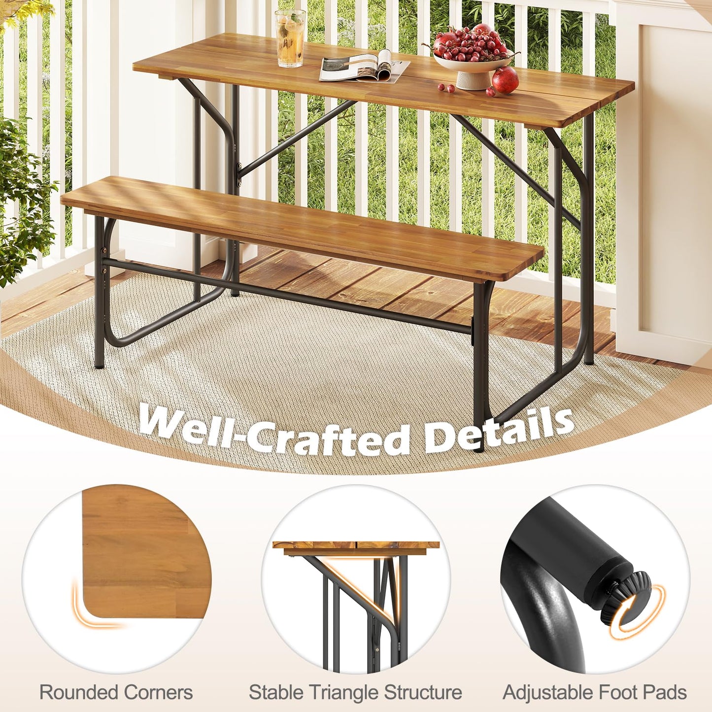 Tangkula Heavy-Duty Outdoor Acacia Wood Dining Furniture with Metal Legs for Balcony