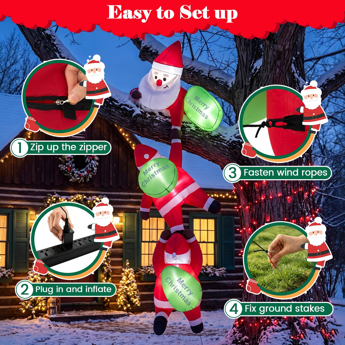 Tangkula 9.2 FT Christmas Inflatable Lighted 3 Hanging Climbing Santa Claus