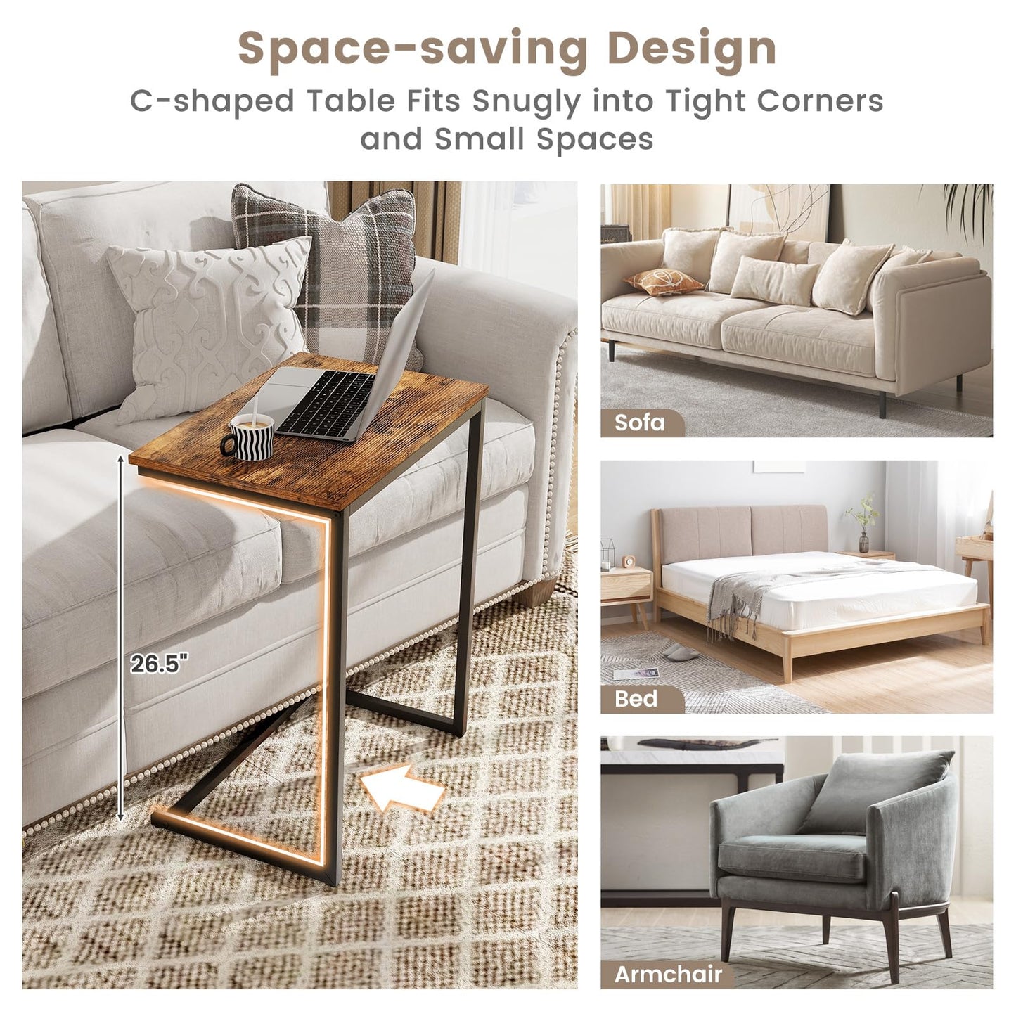 Tangkula C Table Snack Table Over Bed Table with Metal Frame