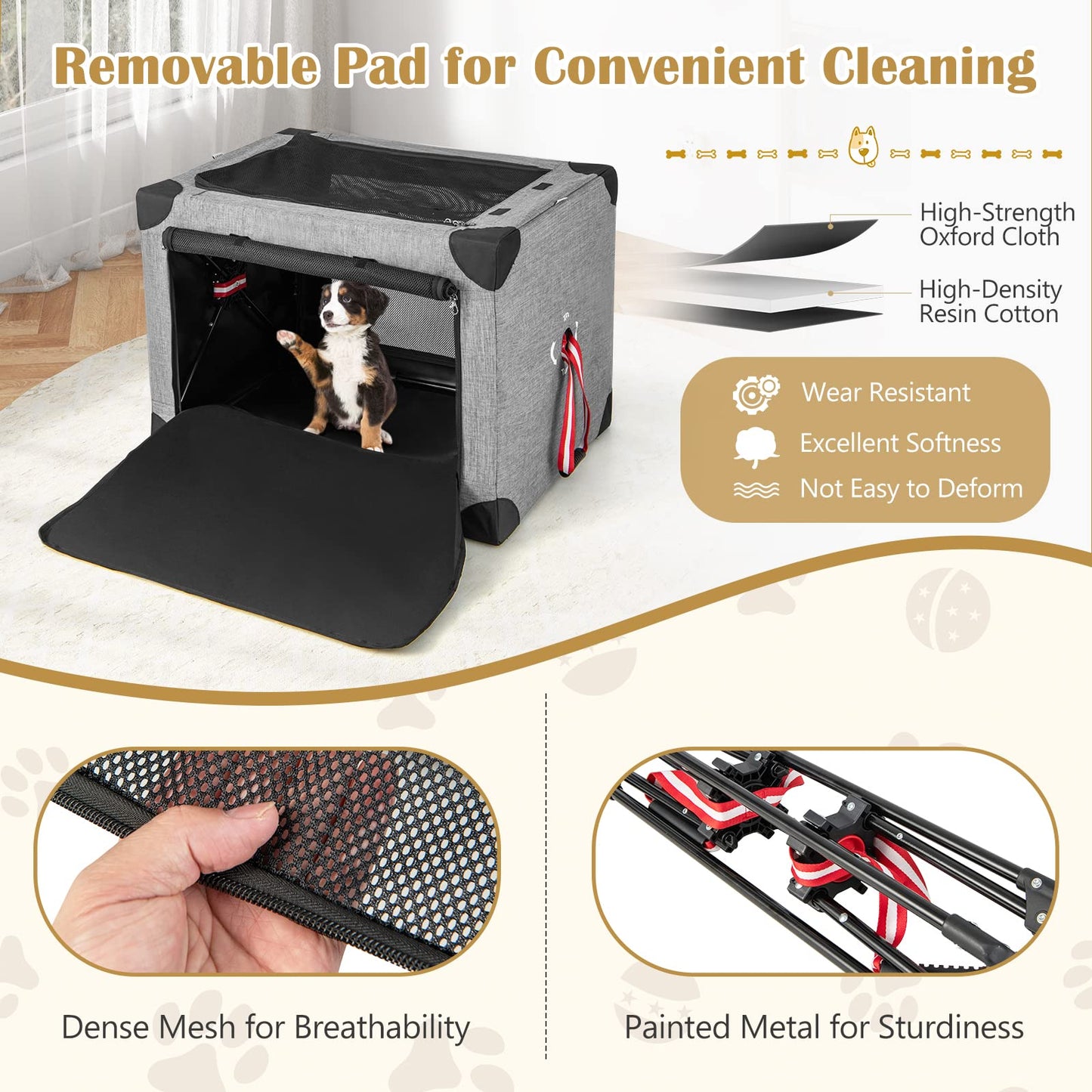 Tangkula 3-Door Folding Dog Crate, Soft Kennel with Removable Pad & Metal Frame