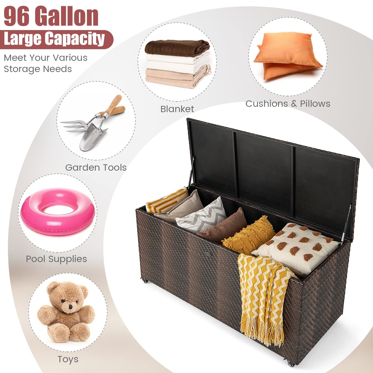 Tangkula 96 Gallon Deck Box, PE Wicker Outdoor Storage Box with 4 Wheels and Waterproof Zippered Liner