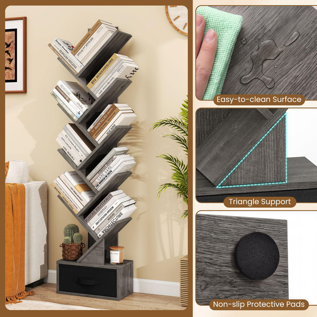 Tangkula Tree-Shaped Bookshelf with Folding Fabric Drawer