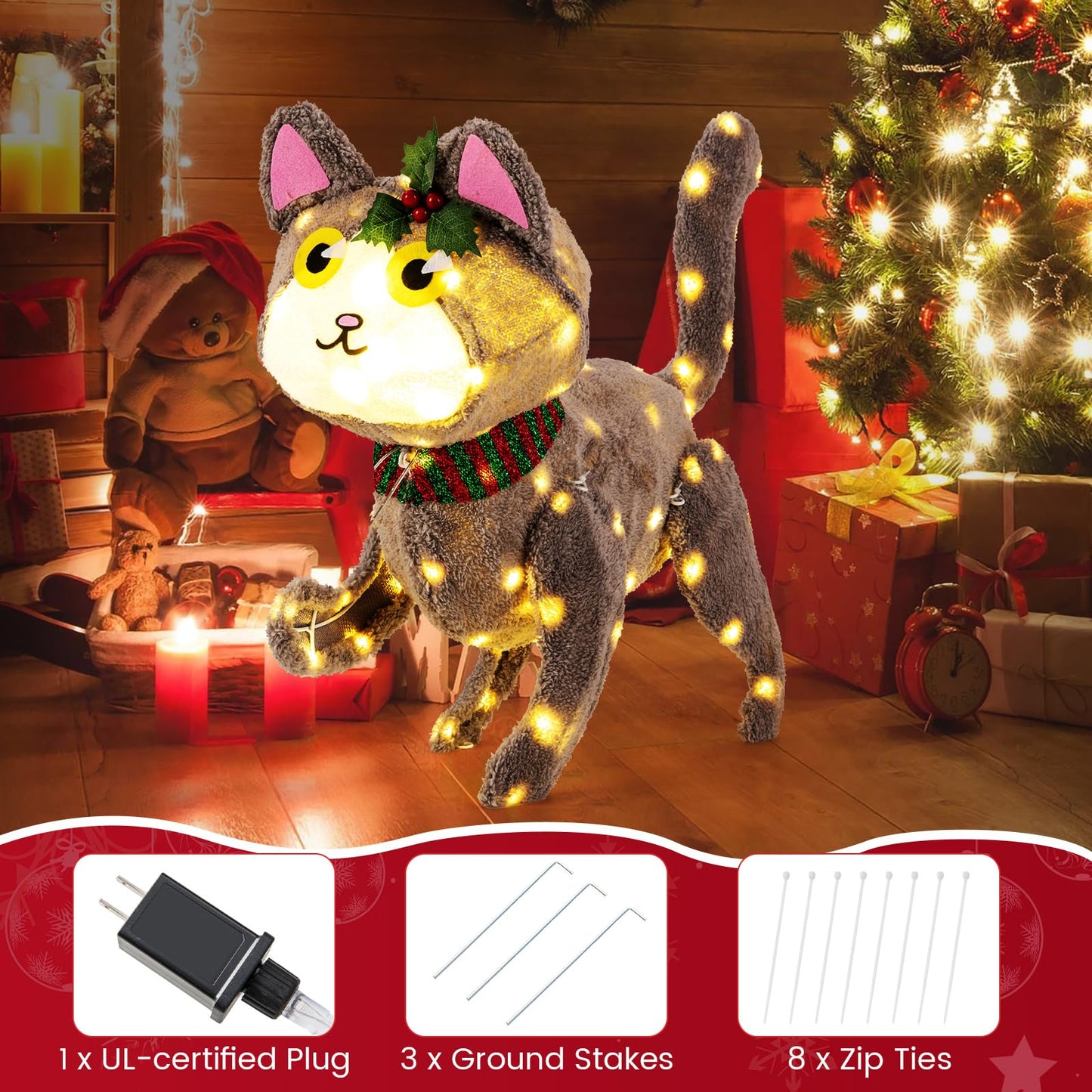 Tangkula 23 Inches Christmas Decoration Pre-lit 88 LED Light Up 3D Cute Cat with Warm White Light and Plug