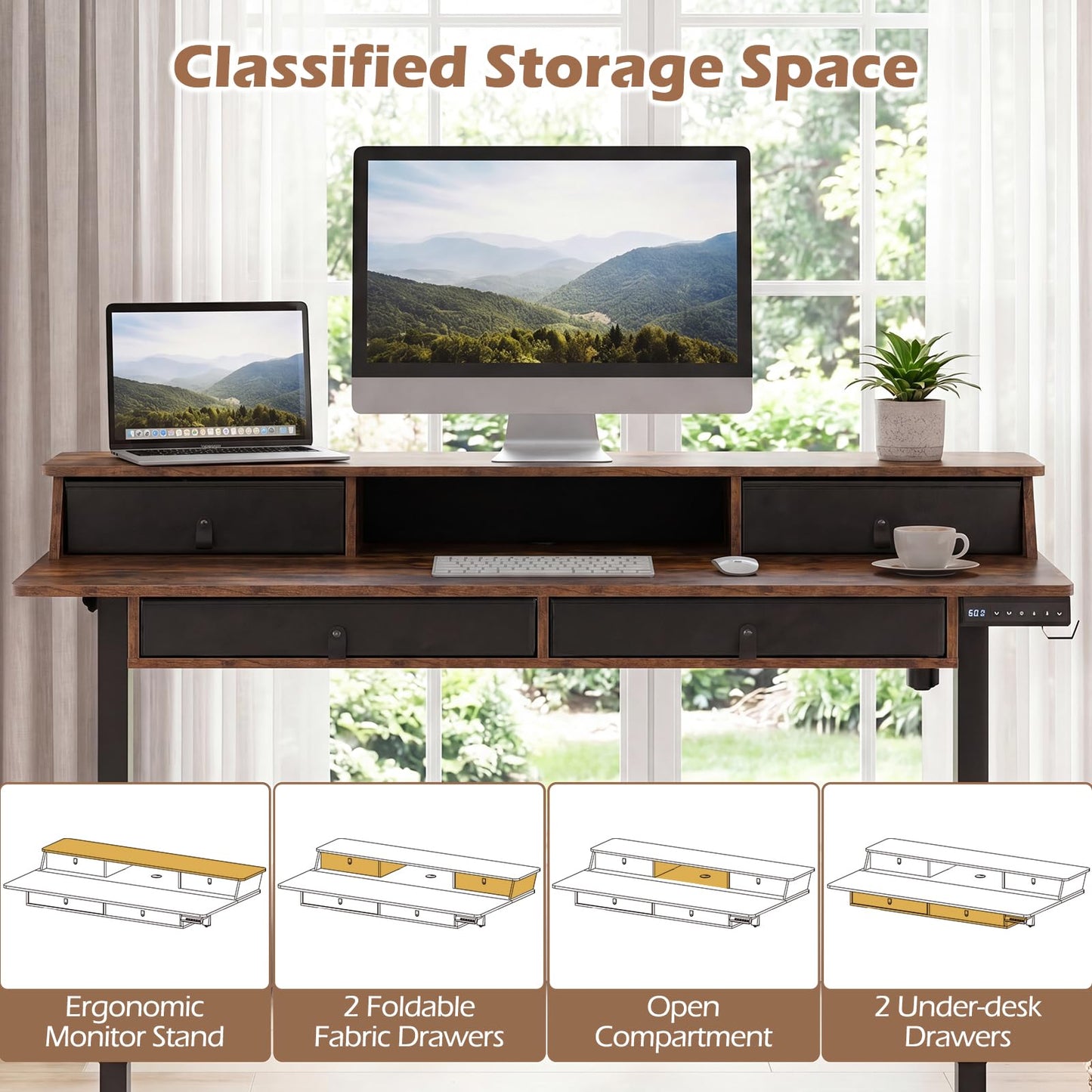 Tangkula 55-Inch Electric Standing Desk with 4 Storage Drawers & Monitor Stand
