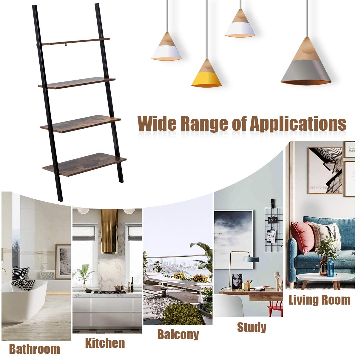Tangkula Industrial 4-Tier Ladder Shelf, Against The Wall Bookcase for Living Room & Office