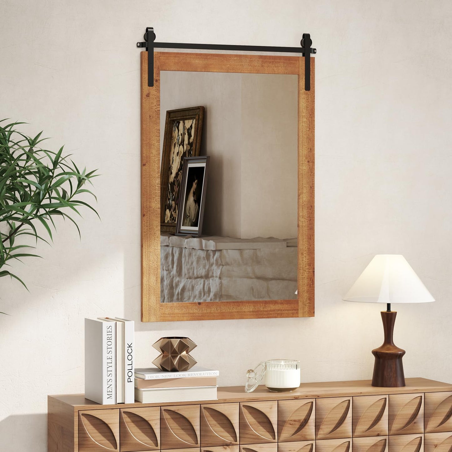 Tangkula Farmhouse Wall Mirror with Wood Frame & Metal Bracket（ 36"L x 24"W）