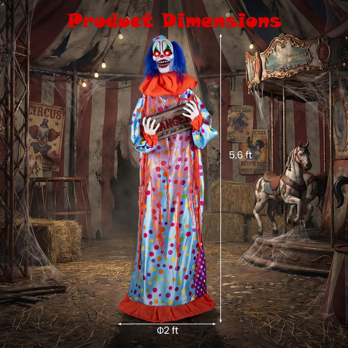 Tangkula 5.6 FT Halloween Animated Clown with Snap-up Head & Glowing Eyes