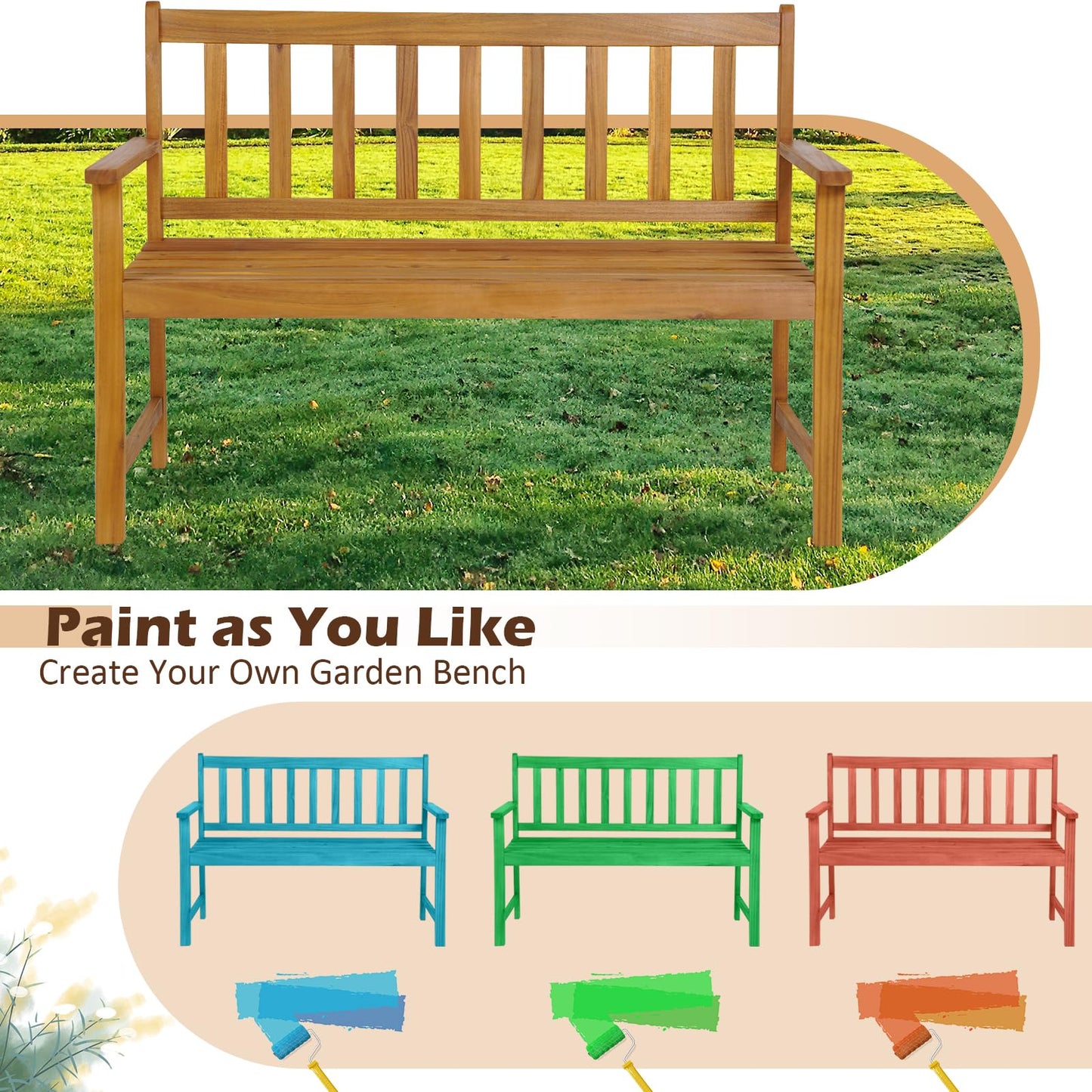 Tangkula Outdoor Acacia Wood Bench, 2-Person Garden Bench with Backrest and Armrests