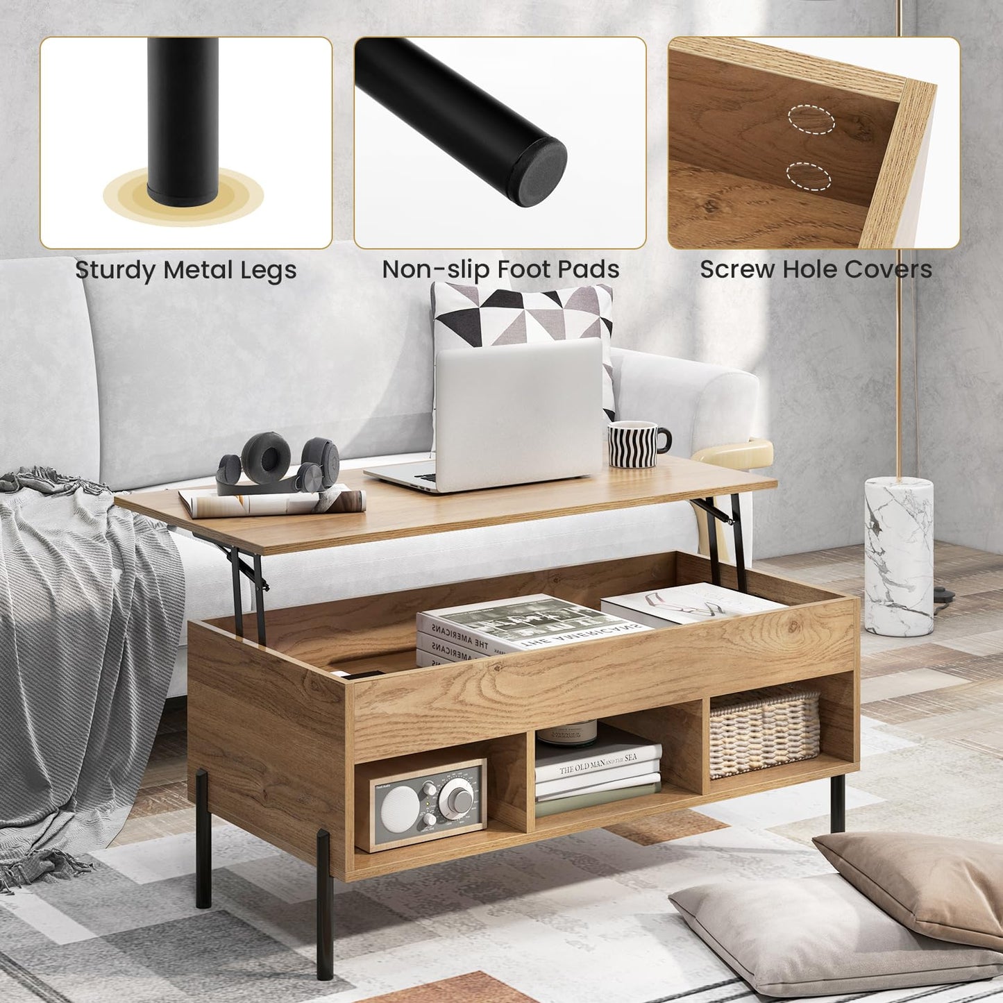 Tangkula Lift Top Coffee Table with Metal Legs, Rising Center Table w/Hidden Compartment & 3 Open Cubbies
