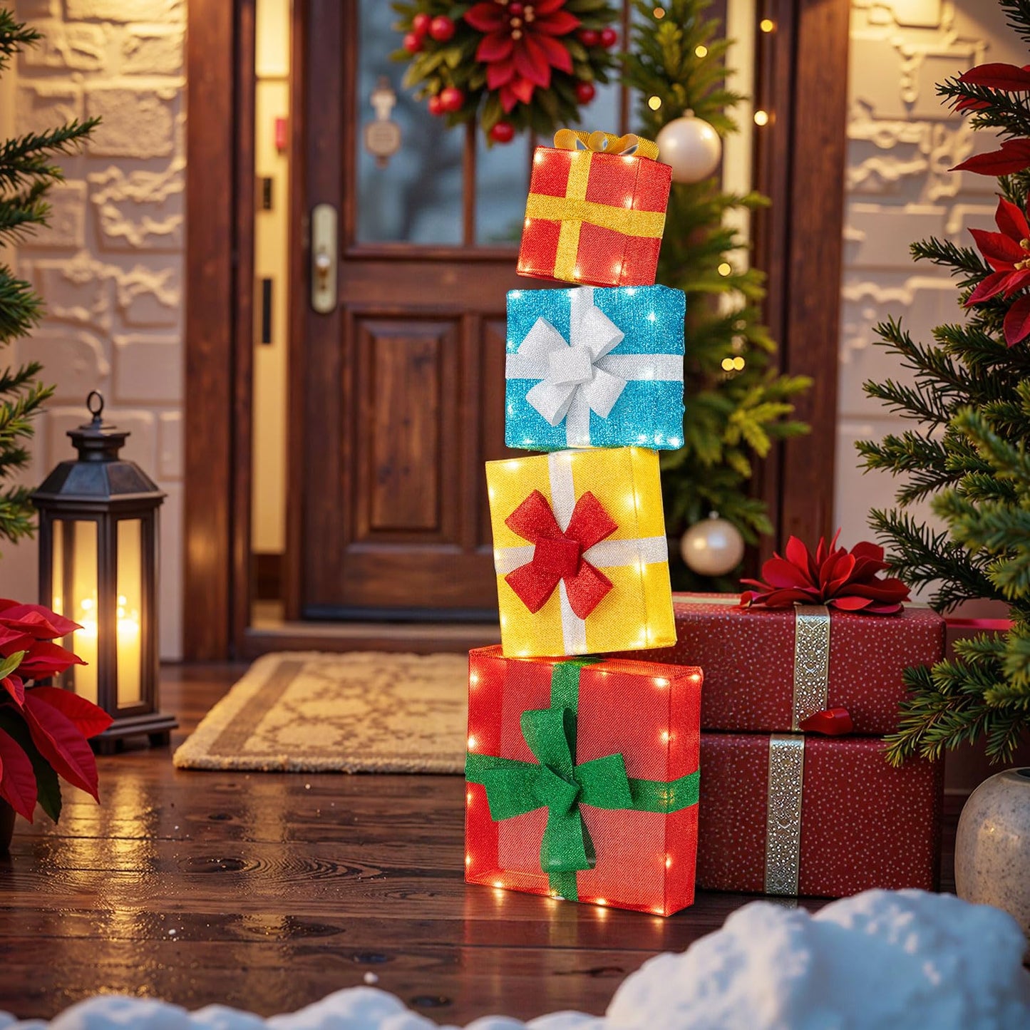 Tangkula 4 Ft Stackable Gift Boxes with Warm White LED Lights