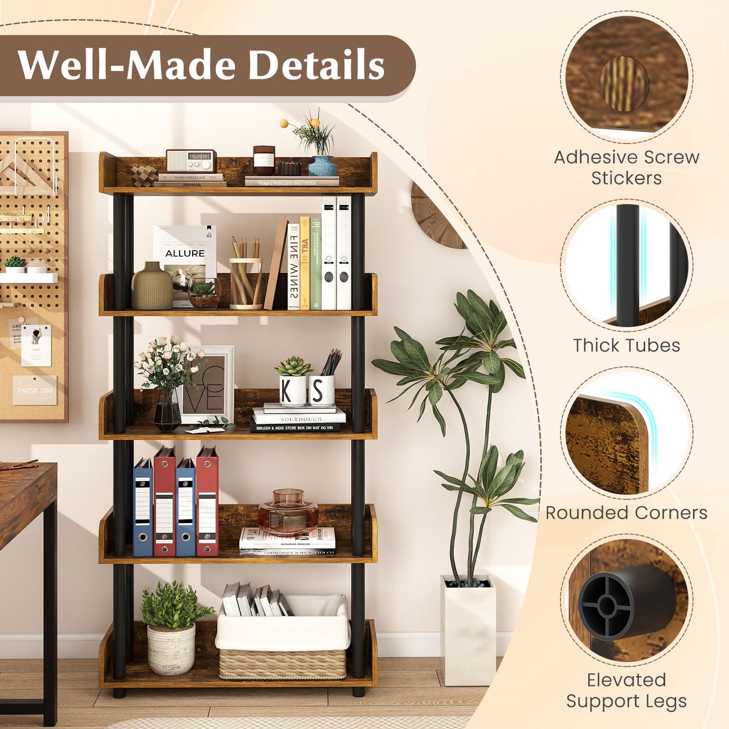 Tangkula 5-Tier Bookshelf Multipurpose Wood Standing Display Rack(1/2)