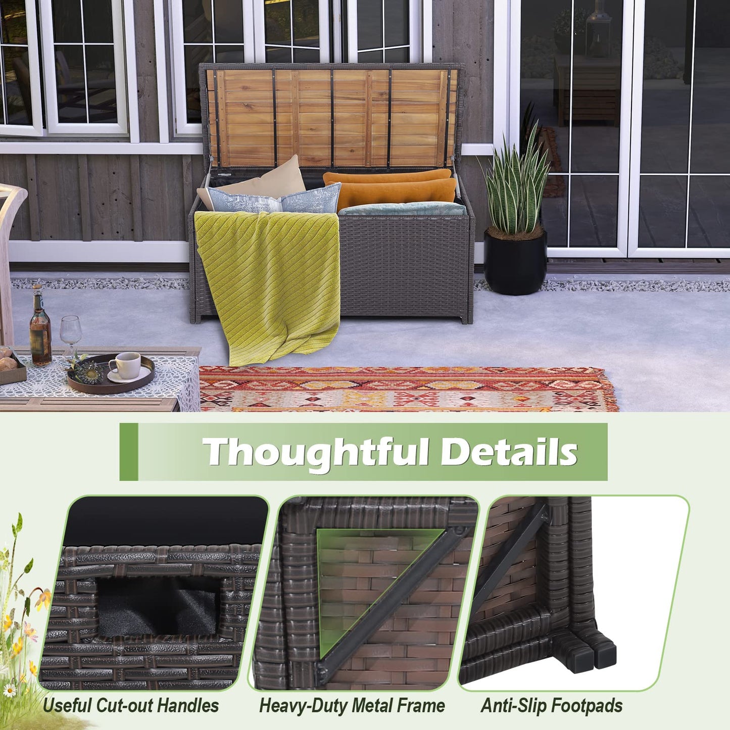 Tangkula 45 Gallon Outdoor Storage Bench, Mix Brown Rattan Storage Container with Zippered Liner