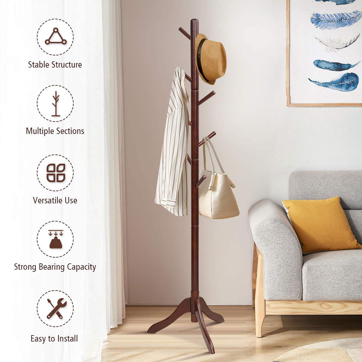 Tangkula Wooden Tree Coat Rack Freestanding, Entryway Coat Stand with 8 Hooks