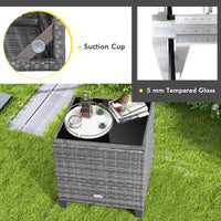 Tangkula PE Rattan Wicker 3 Pcs Outdoor Sofa Set w/Washable Cushion and Tempered Glass Tabletop