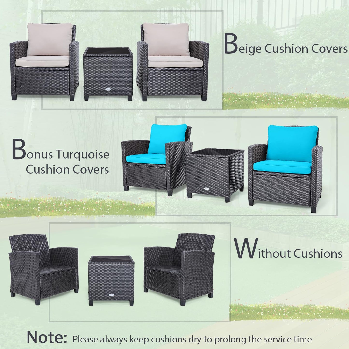 Tangkula 3 Pieces Patio PE Wicker Furniture Set with 4 Bonus Cushion Covers