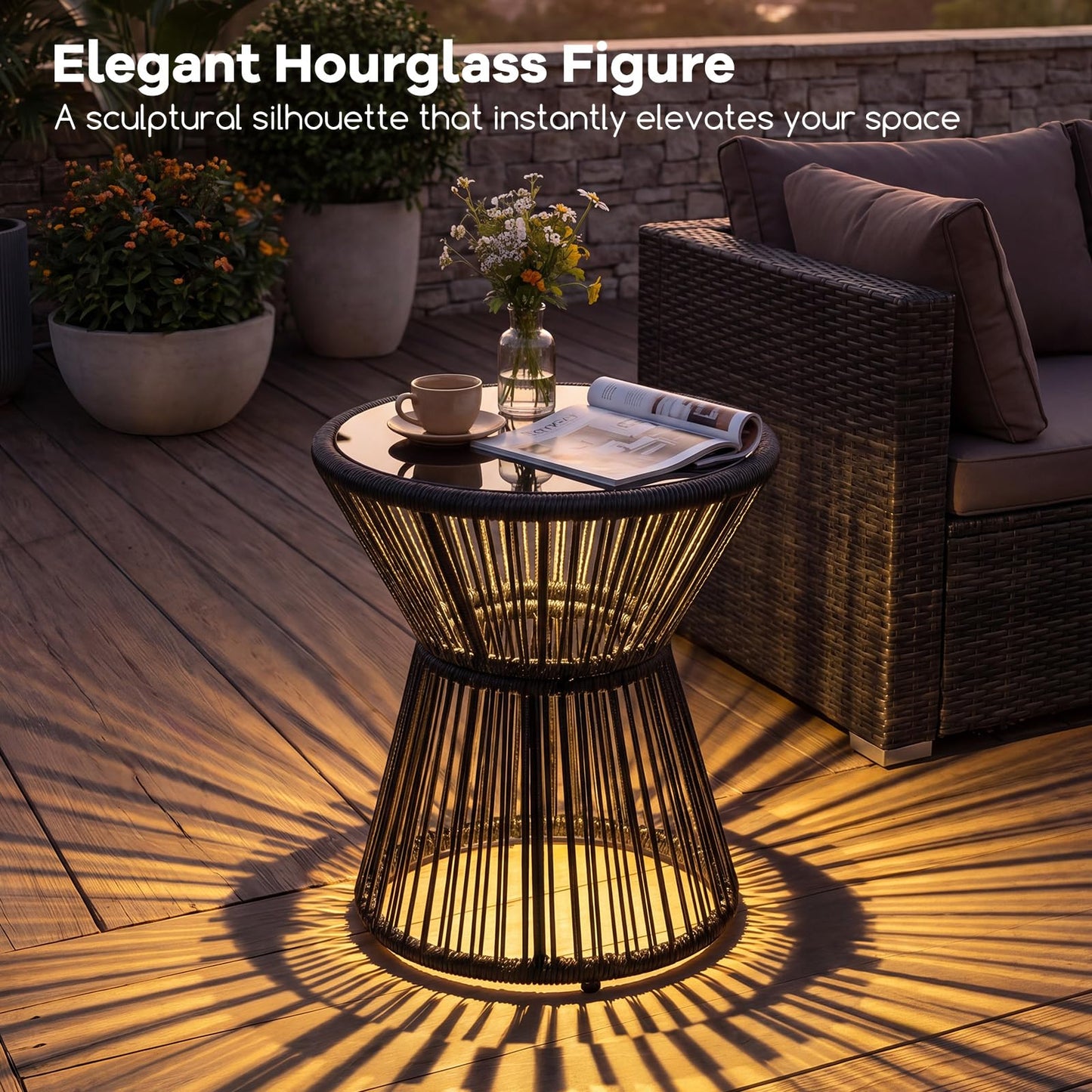 Tangkula PE Rattan Hourglass-Shaped Outdoor Side Table with LED Warm Light (1/2)