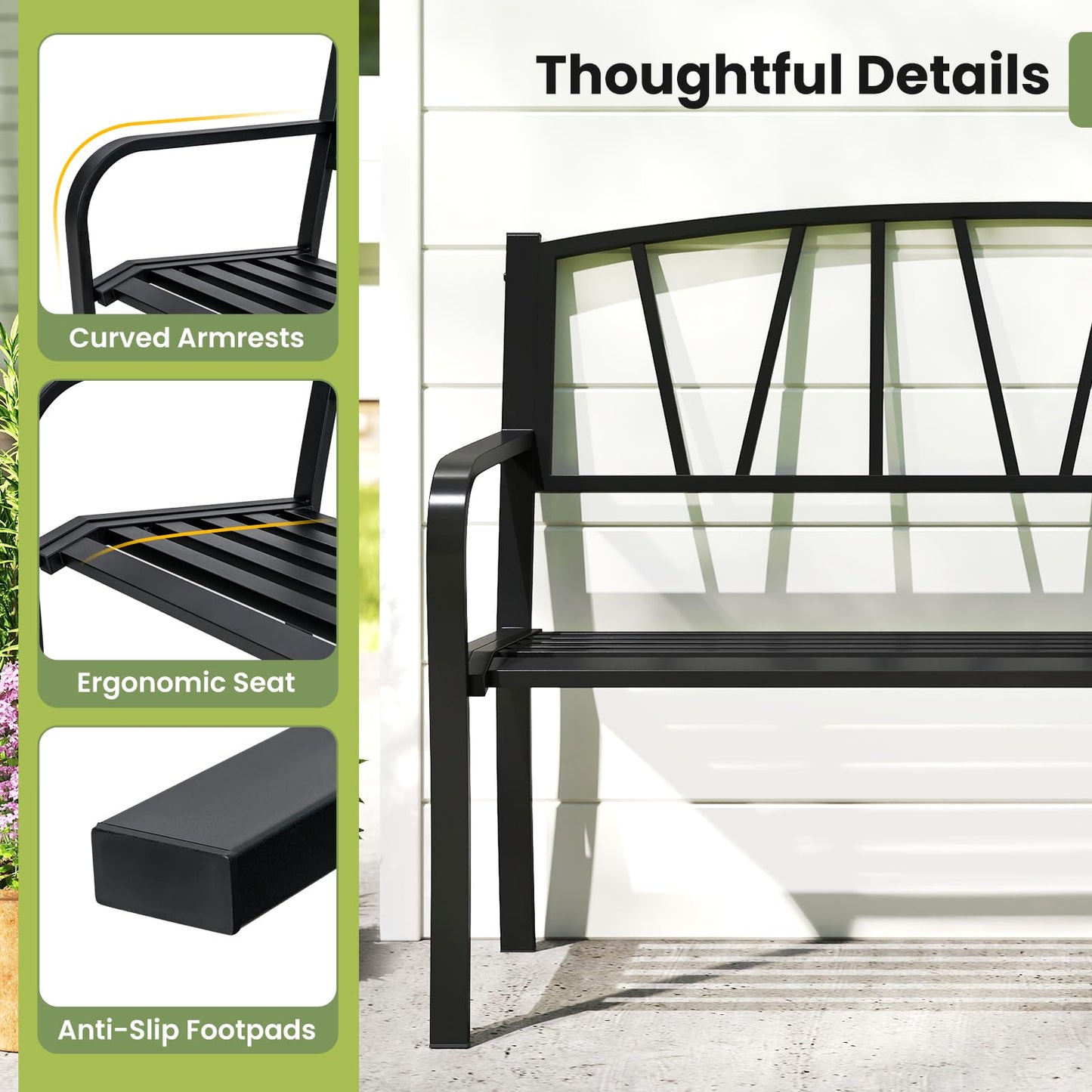 Tangkula Metal Patio Park Bench with Curved Armrests