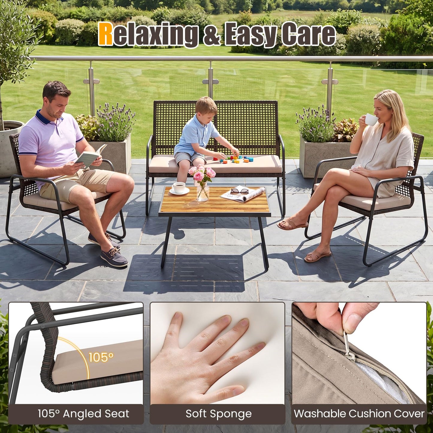 Tangkula 4 Pieces Patio Furniture Set with Acacia Wood Coffee Table & Zippered Cushions