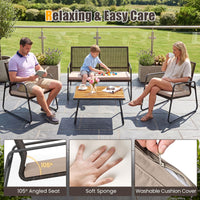 Tangkula 4 Pieces Patio Furniture Set with Acacia Wood Coffee Table & Zippered Cushions