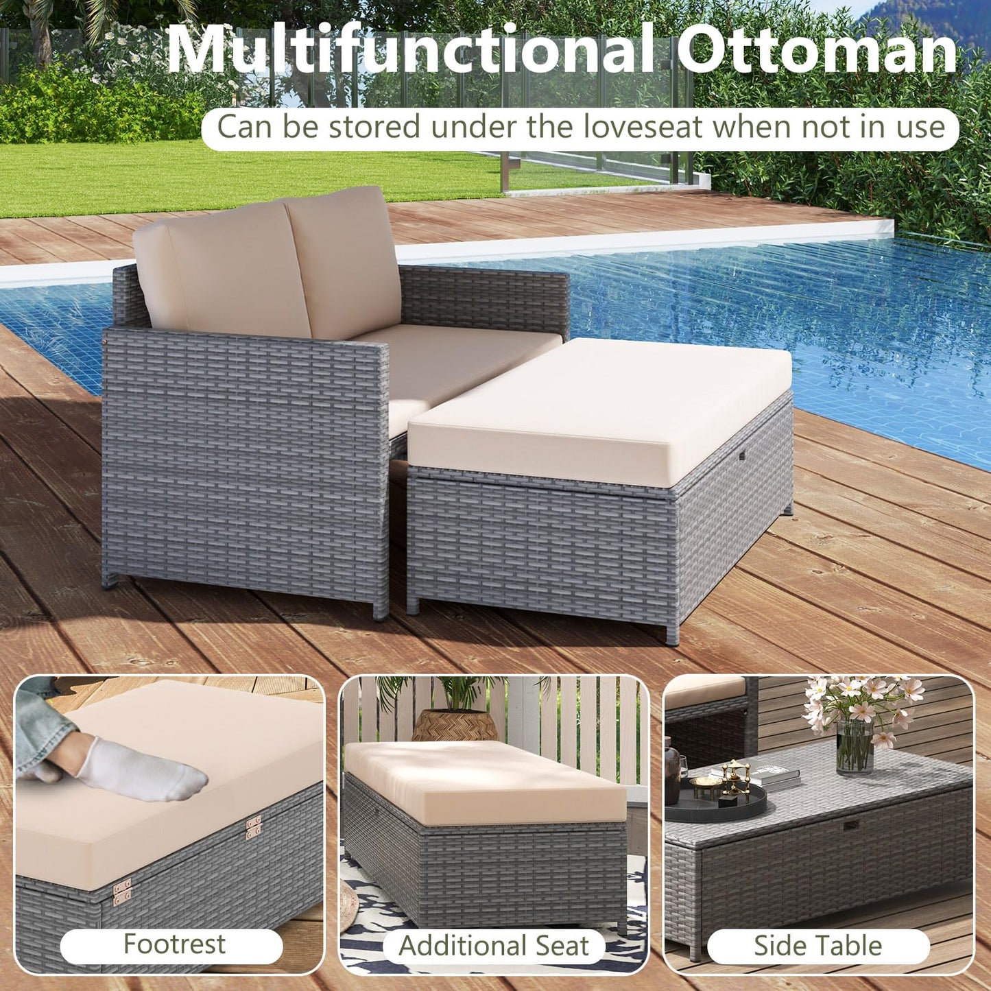 Tangkula Outdoor Rattan Daybed, Wicker Loveseat & 31 Gallon Storage Ottoman w/Soft Cushions