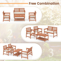 Tangkula 4 Piece Patio Conversation Set Wood Sofa Set with Soft Seat Cushions 2-Tier Rectangle Coffee Table