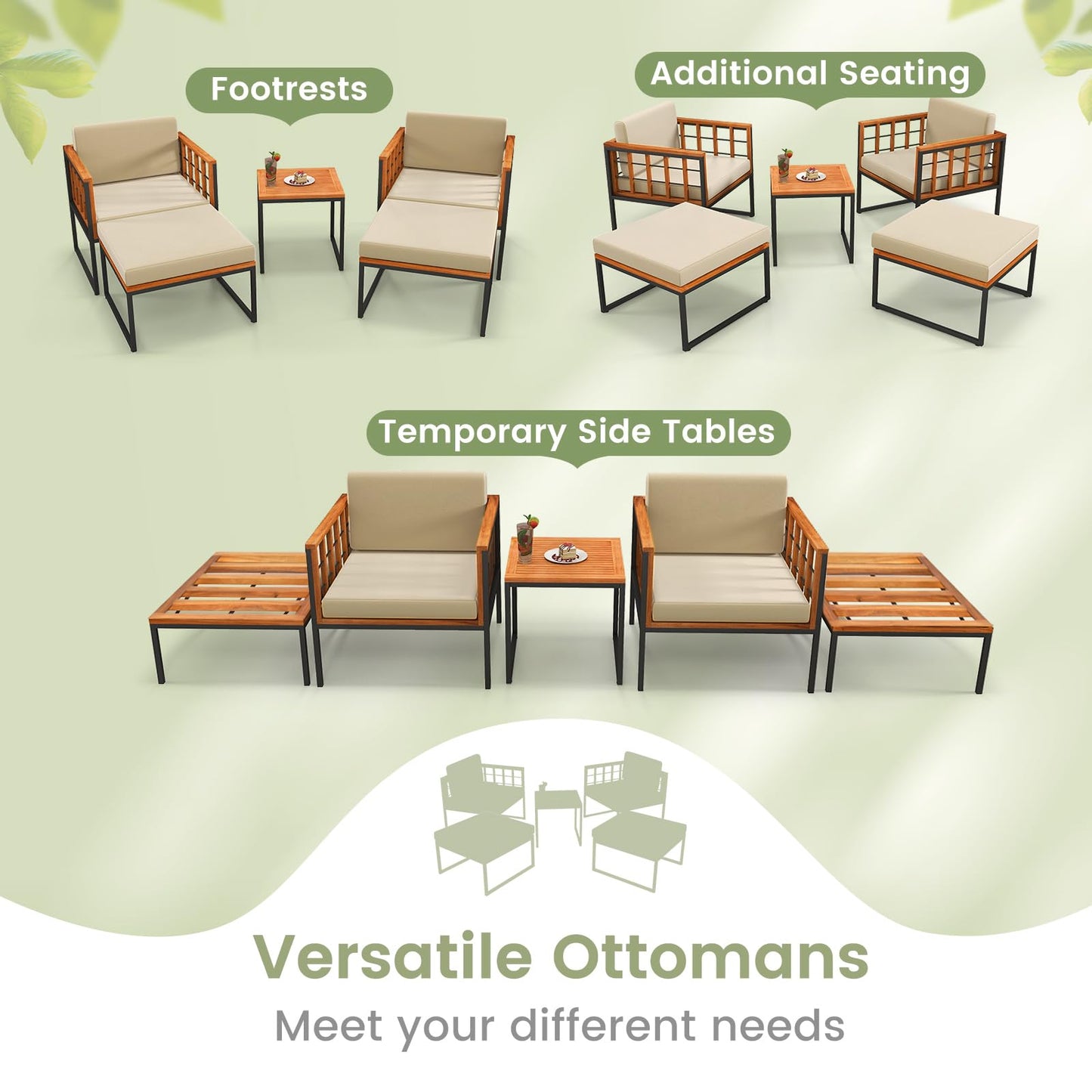 Tangkula 5 Pieces Acacia Wood Patio Furniture Set with Ottomans, Outdoor Conversation Set