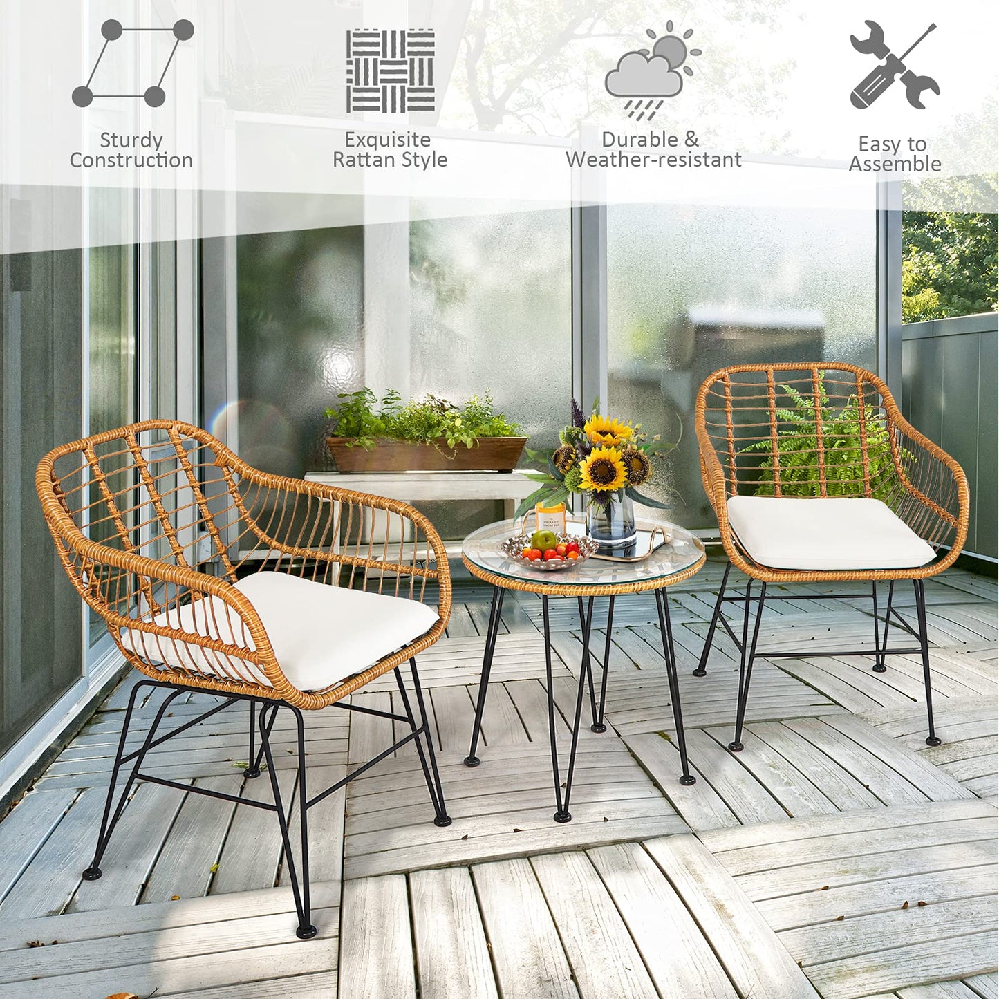 3 Pieces Patio Bistro Set, Rattan Conversation Set with 2 Cushioned Armchairs & Round Glass Coffee Table