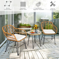 3 Pieces Patio Bistro Set, Rattan Conversation Set with 2 Cushioned Armchairs & Round Glass Coffee Table