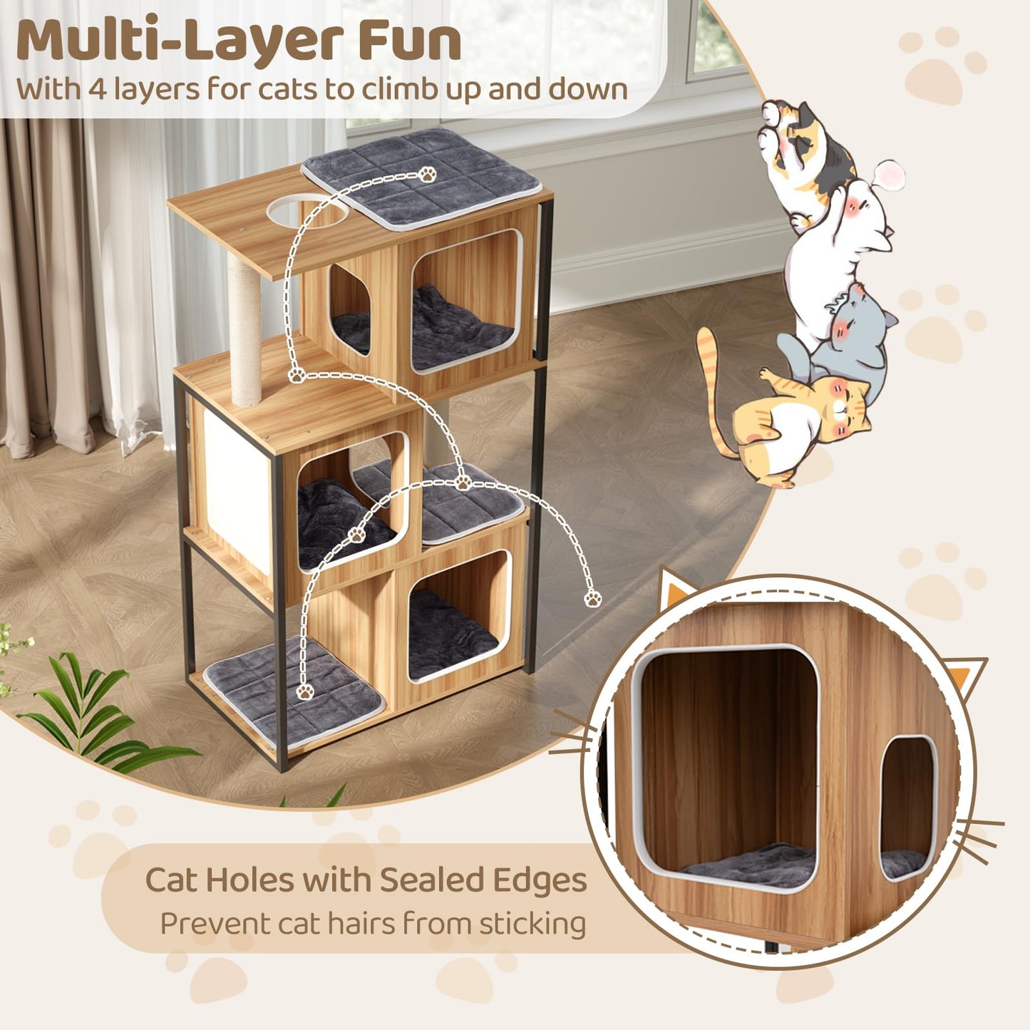 Tangkula Modern Cat Tree, 52 Inch Wooden Cat Condos with Metal Frame, Sisal Scratching Posts & Board