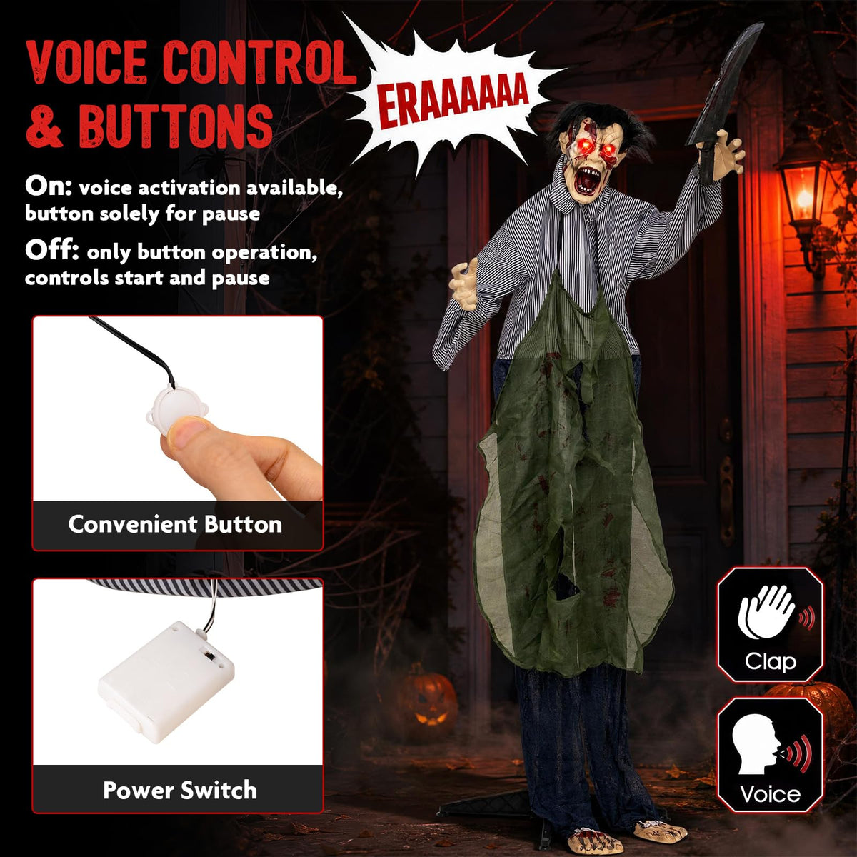 Tangkula Halloween Animated Standing Zombie Holding Knife with Glowing Eyes