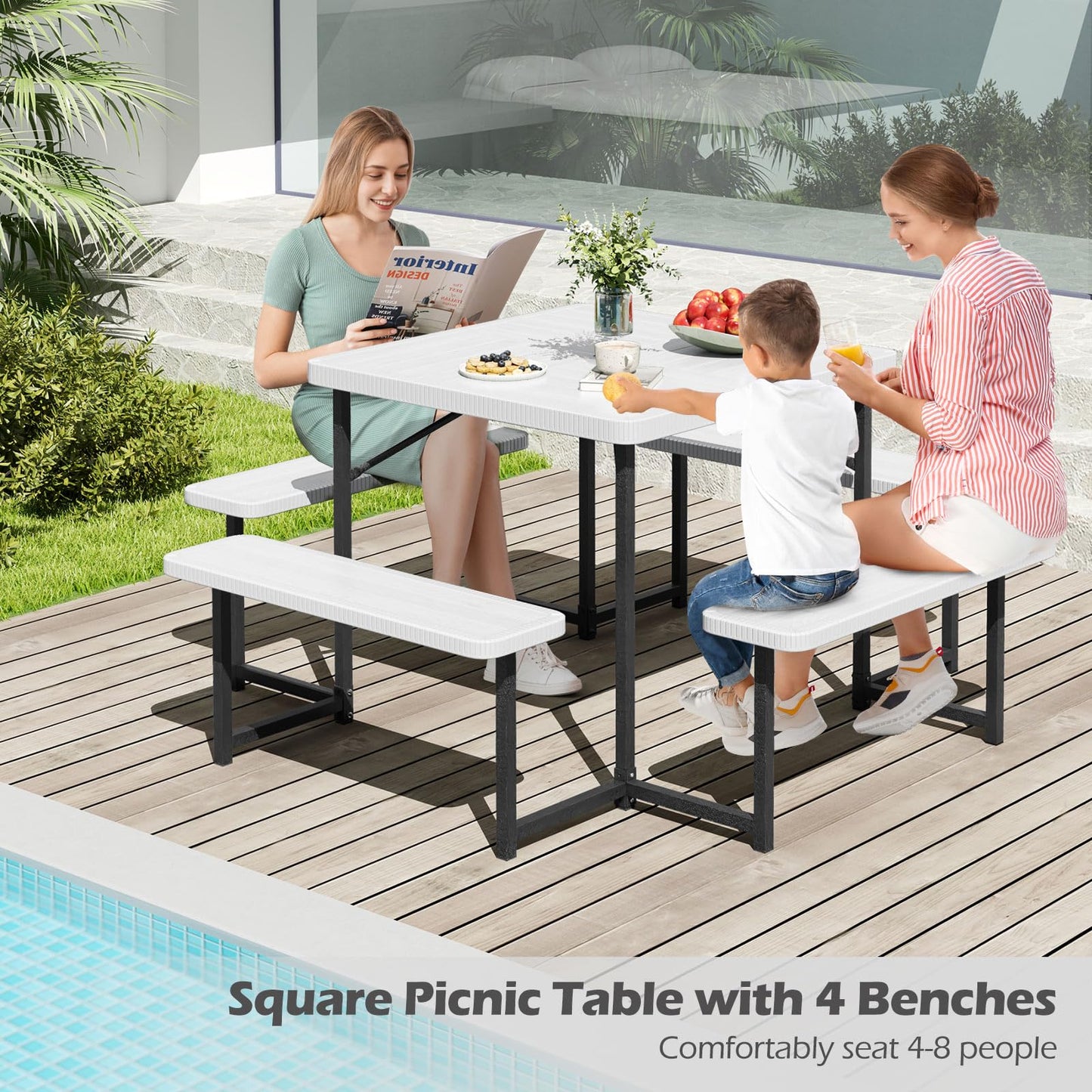 Tangkula 8 Person Picnic Table HDPE Outdoor Square Table and Bench Set