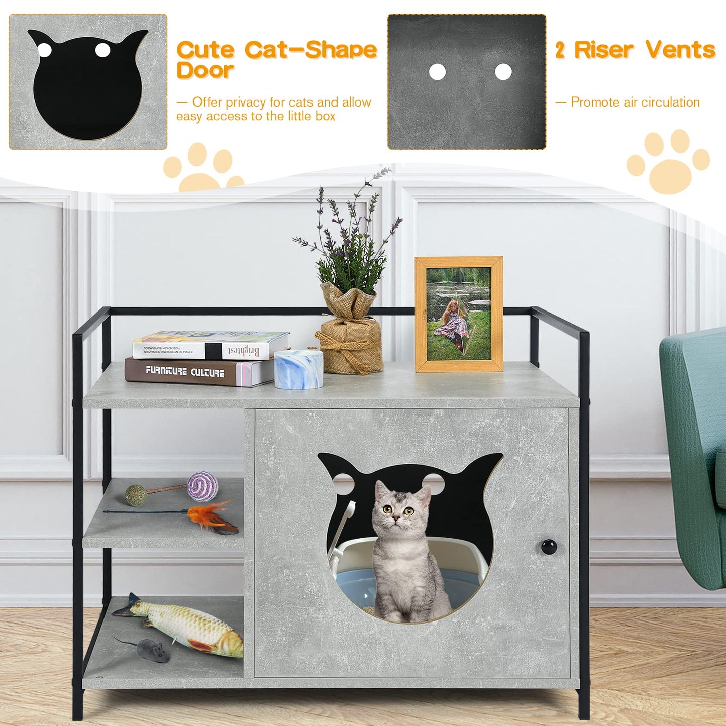Tangkula Cat Litter Box Enclosure 2 in 1 Hidden Washroom & Nightstand With 2 Tier Storage Shelf
