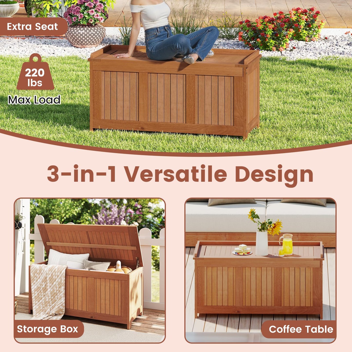 Tangkula 58 Gallon Wood Deck Box for Garden