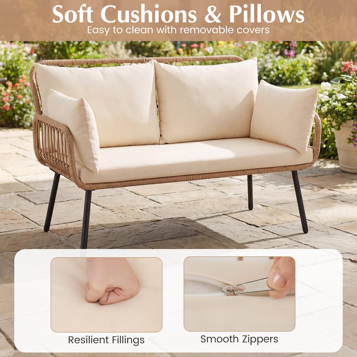 Tangkula Patio Wicker Loveseat Outdoor 2-Seater PE Rattan Sofa