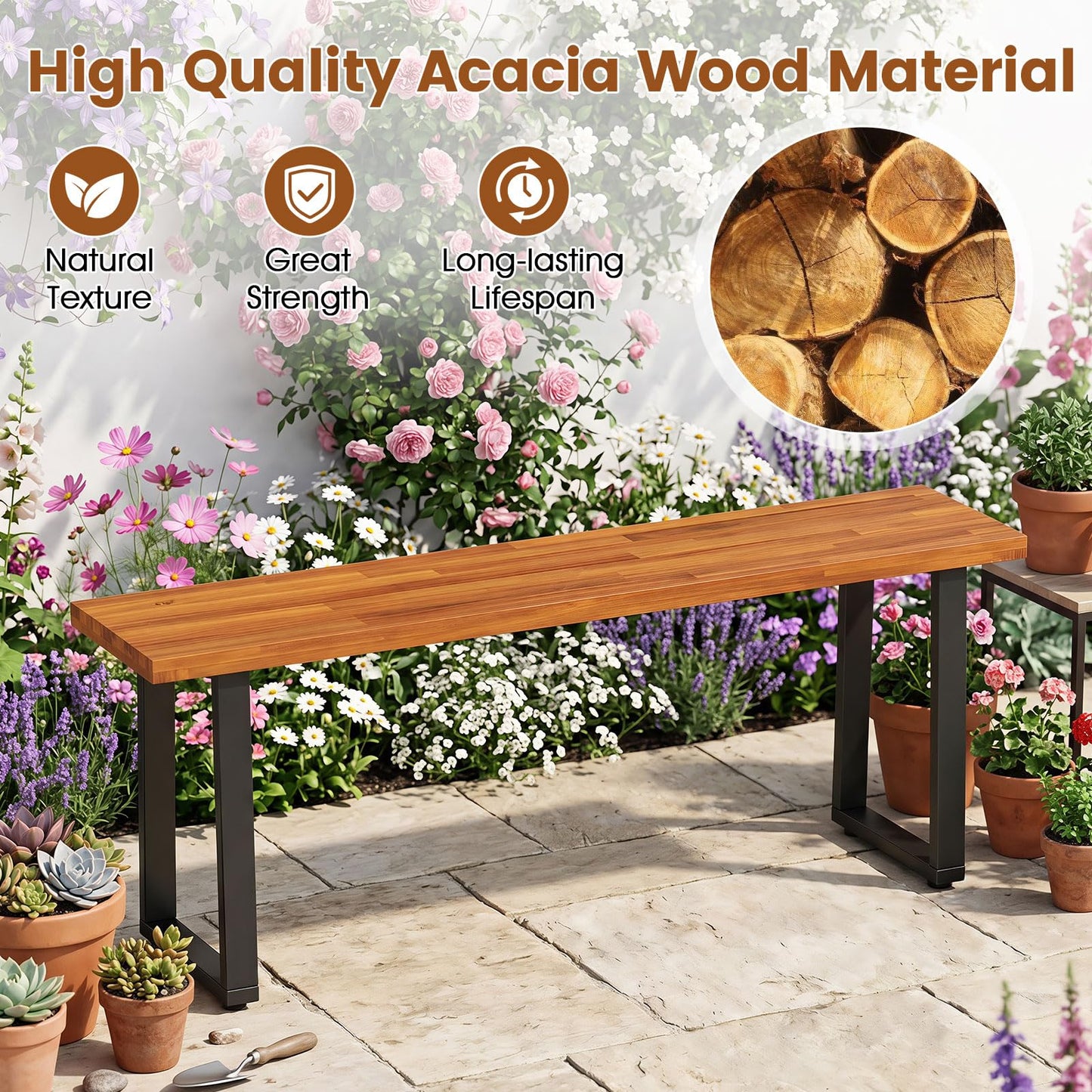 Tangkula Acacia Wood Outdoor Bench(47" x 10.5" x 18",1/2)