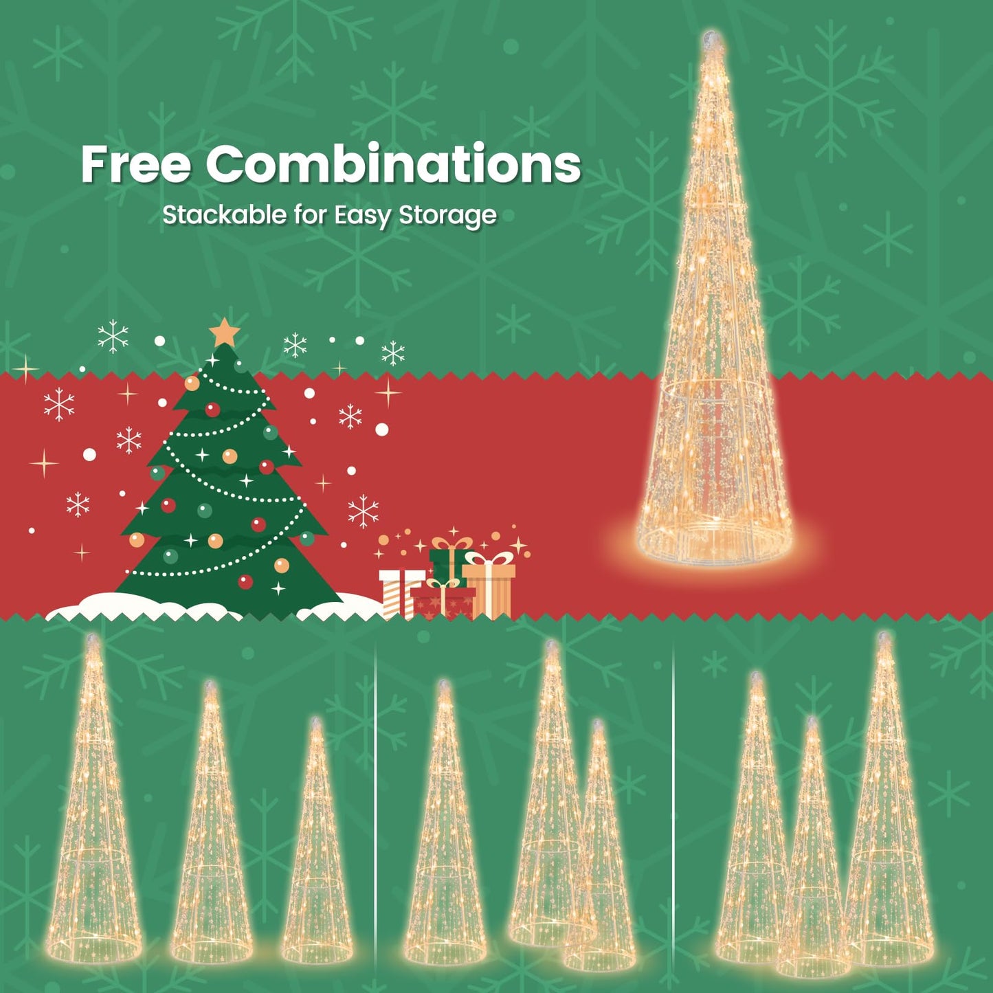 Tangkula Set of 3 Lighted Christmas Cone Trees Xmas Decorative Conic Tree Set