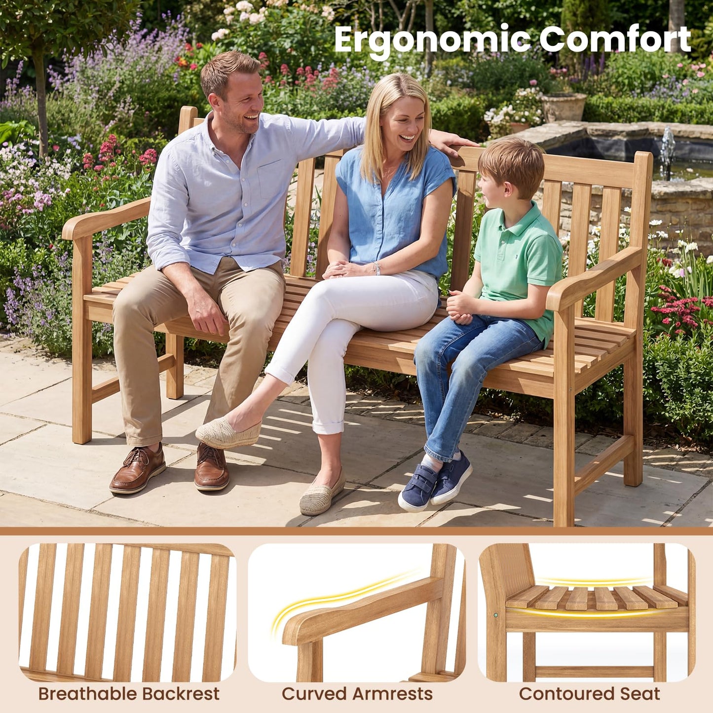 Tangkula Teak Wood Outdoor Bench with Armrests and Backrest