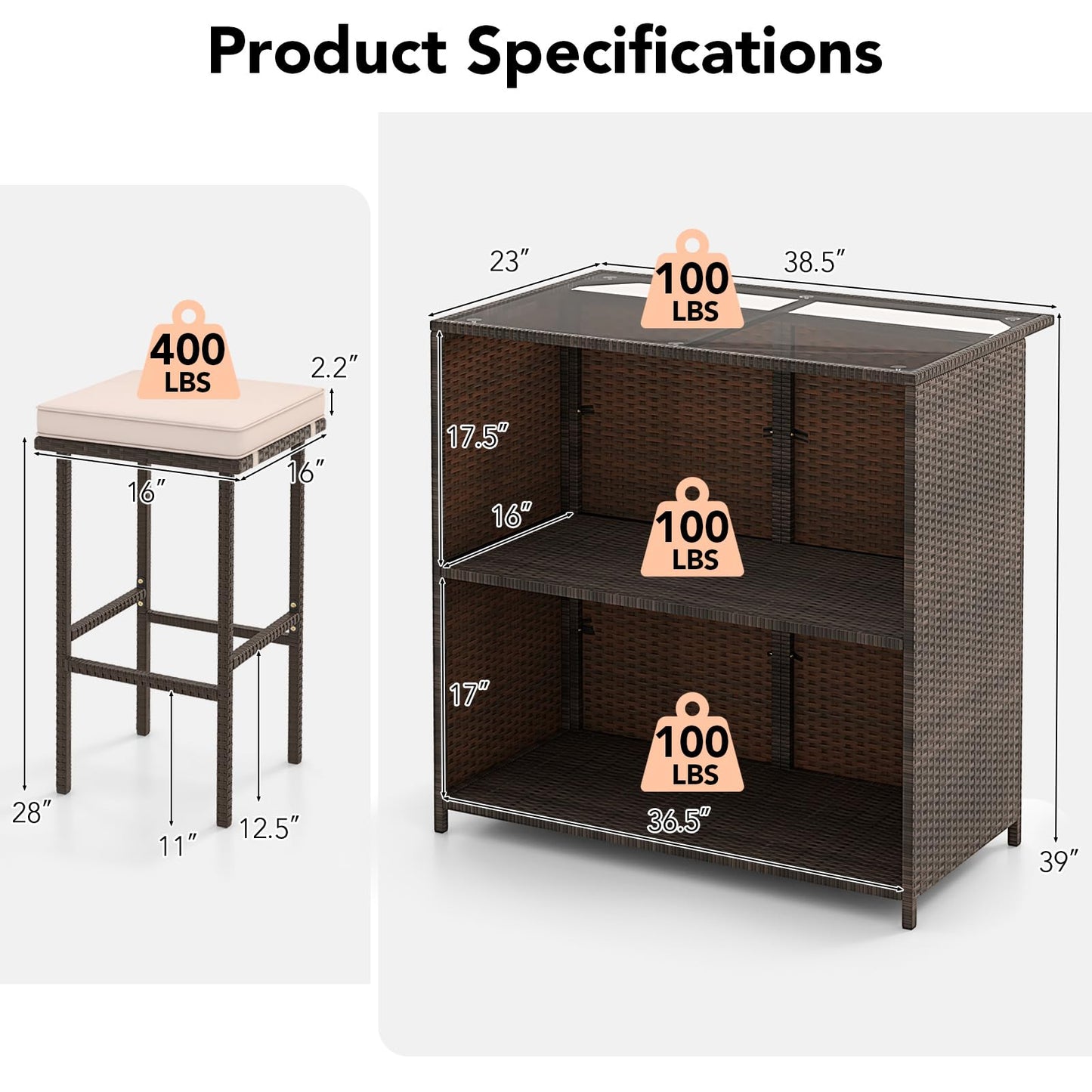 Tangkula 3 Pcs Patio Bar Set, Outdoor Rattan Bar Table and 2 Stools with Tempered Glass Tabletop, 2-Tier Storage