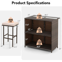 Tangkula 3 Pcs Patio Bar Set, Outdoor Rattan Bar Table and 2 Stools with Tempered Glass Tabletop, 2-Tier Storage