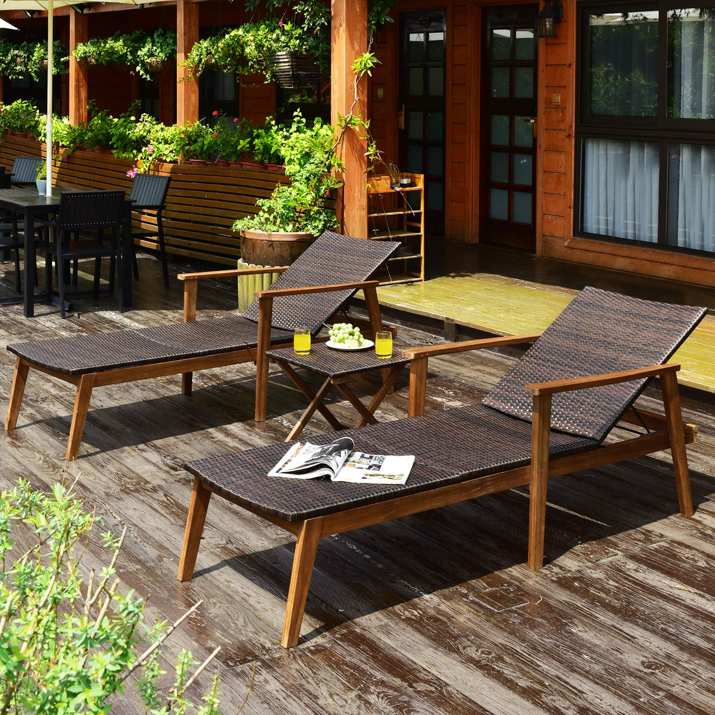 Tangkula 3 Pieces Outdoor Chaise Set, Wicker Rattan Lounge Chair w/Acacia Wood Frame & 4 Adjustable Positions