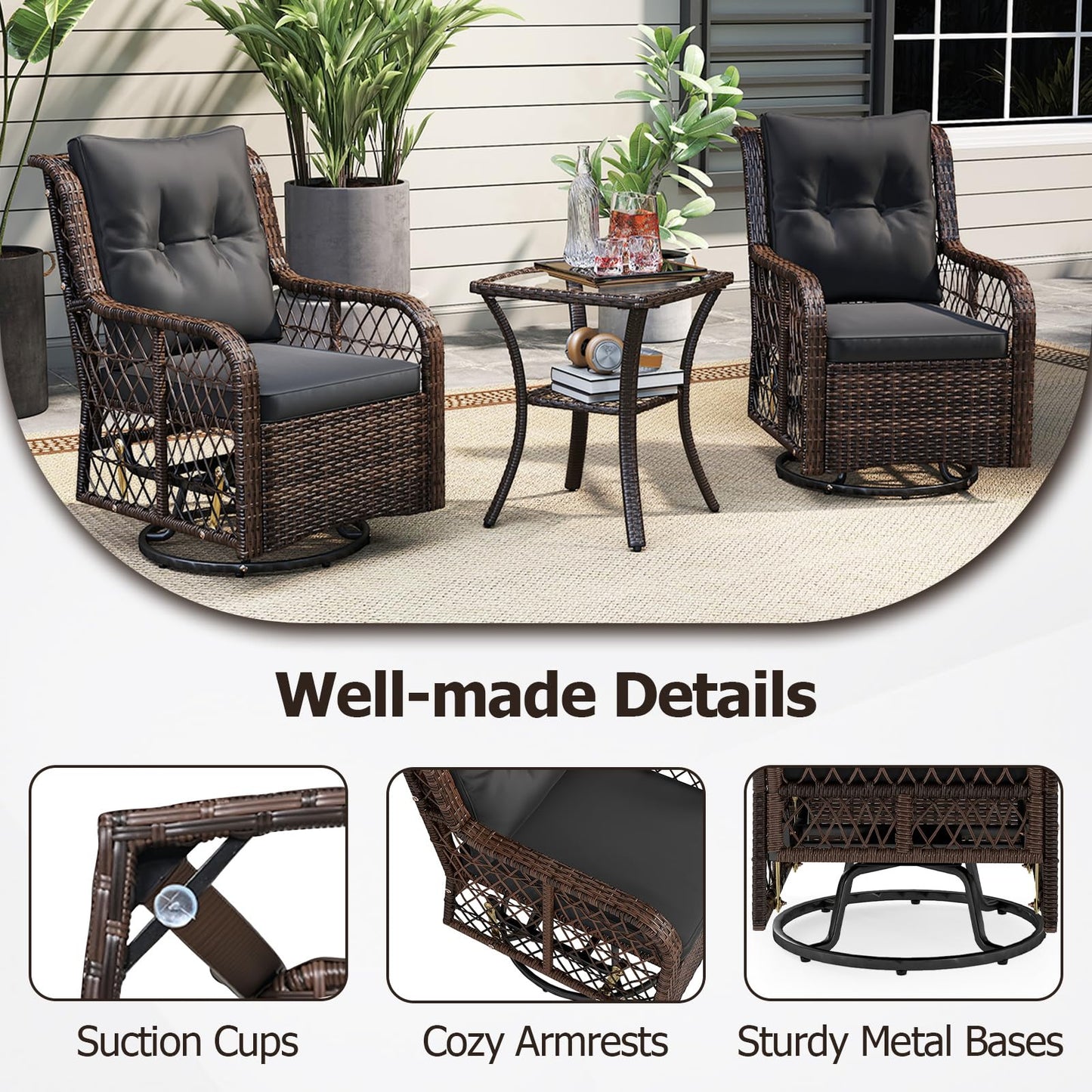Tangkula 3 Piece Patio Swivel Rocker Set with Tempered Glass Side Table