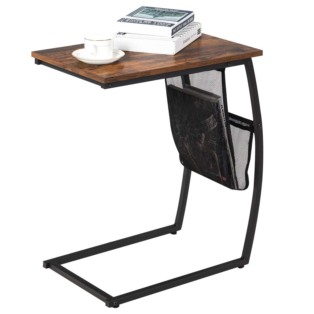 Tangkula Sofa Side End Table, C Table Snack Table with Side Pocket & Metal Frame, Over Bed Table Industrial Side Table for Sofa Couch Bed