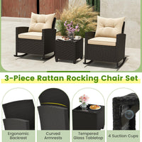 Tangkula 3 Piece Wicker Rocking Set, Patio Rattan Roker Chairs with Tempered Glass Table & Soft Cushions
