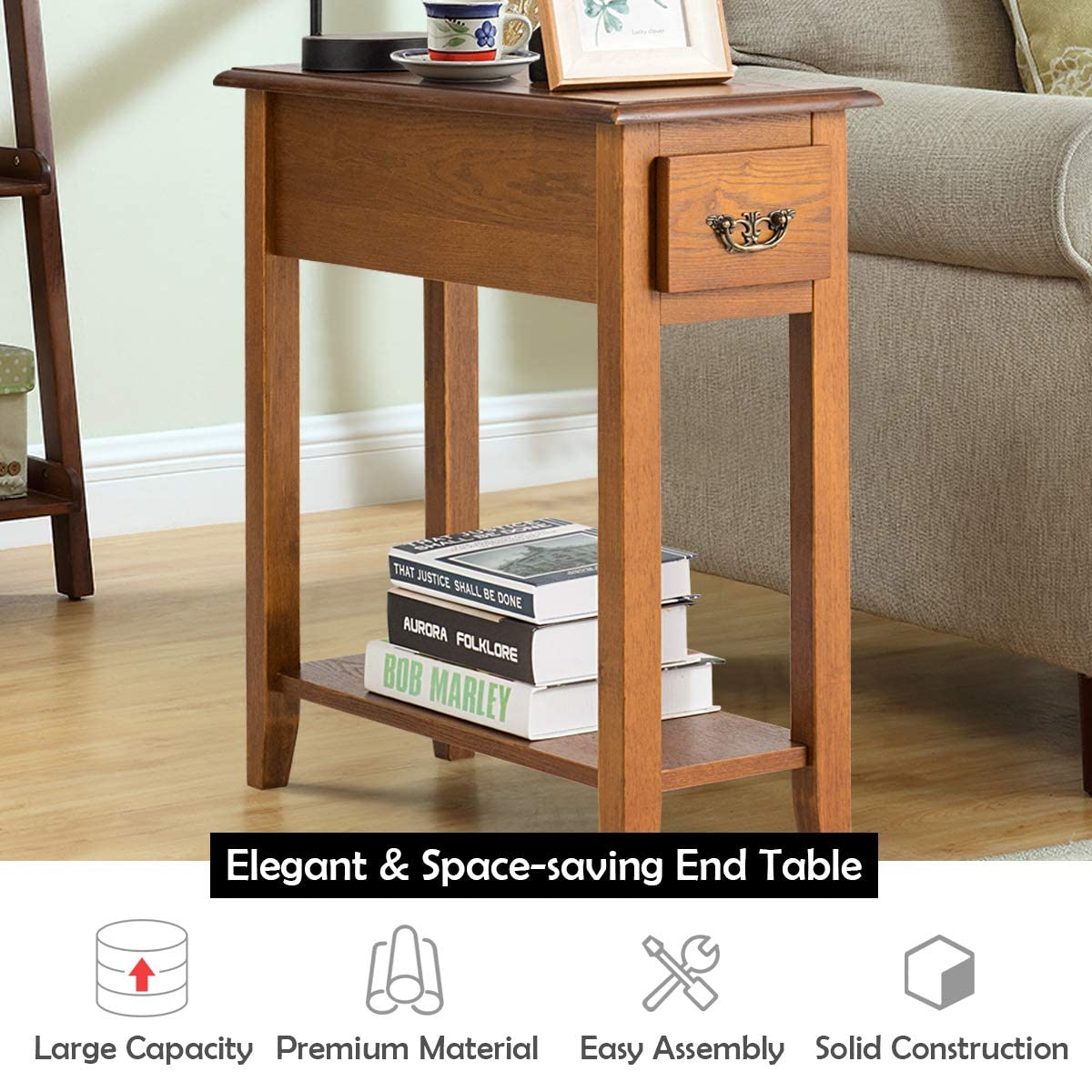 Tangkula Narrow End Table, Slim Side Table with Drawer and Open Shelf
